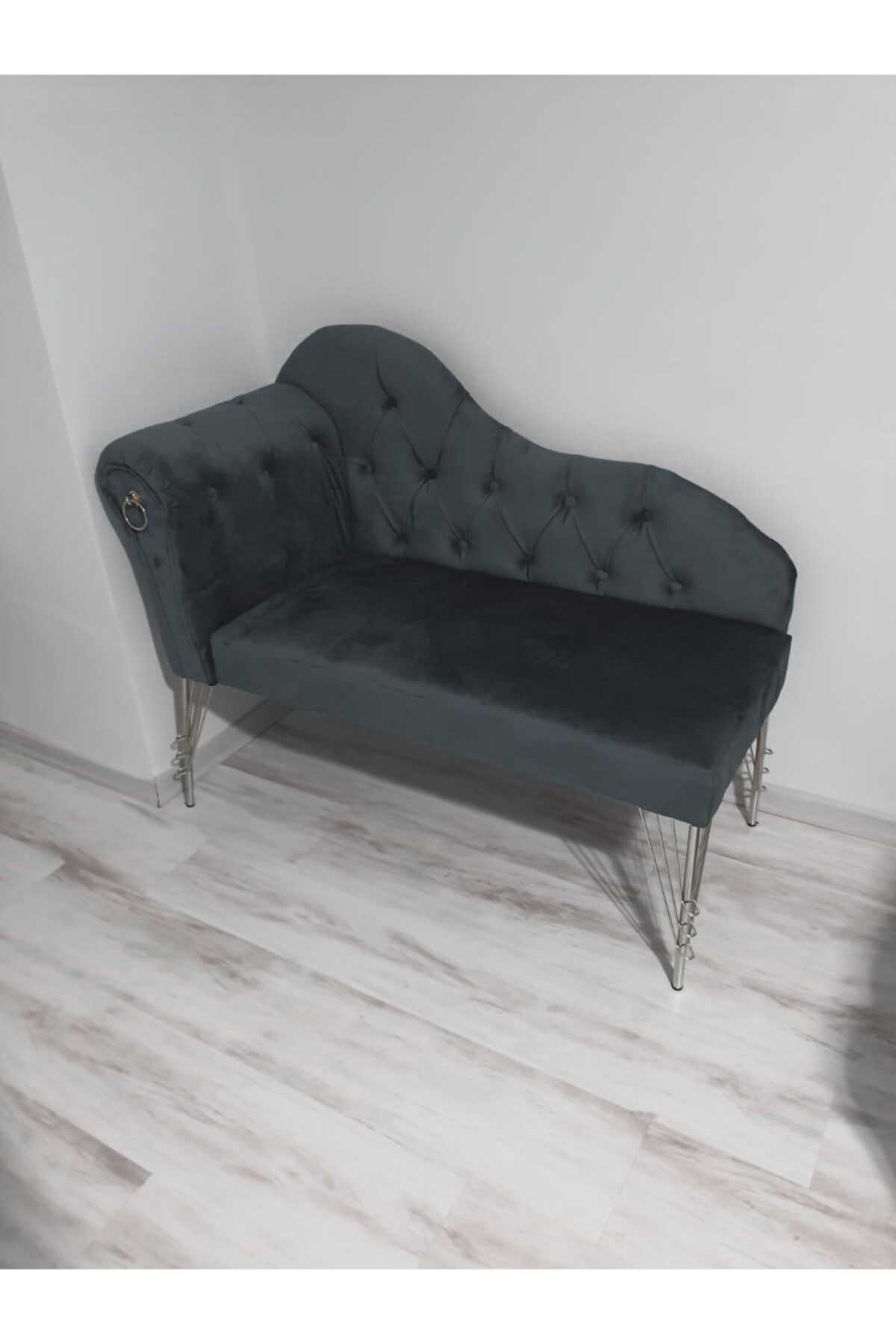 Sepetten Evine Antrasit Gri Renk Yeni Nesil Köşe Koltuğu Josefin Bench Puf Metal Krom Ayak