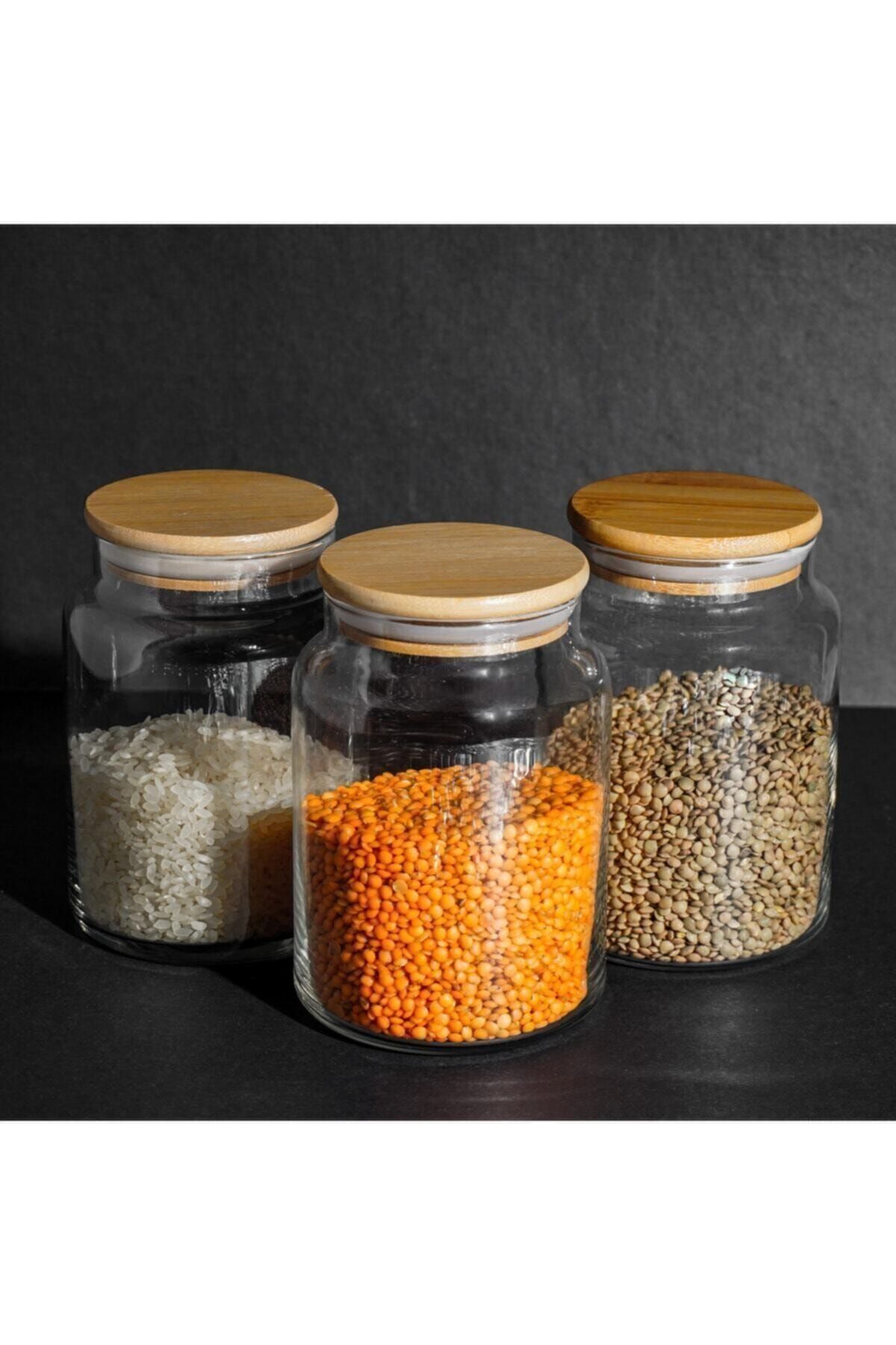 GÖNÜL 3'lü Bambu Kapaklı Kavanoz - Baharatlık Cam Kavanoz 800ml Fma05223