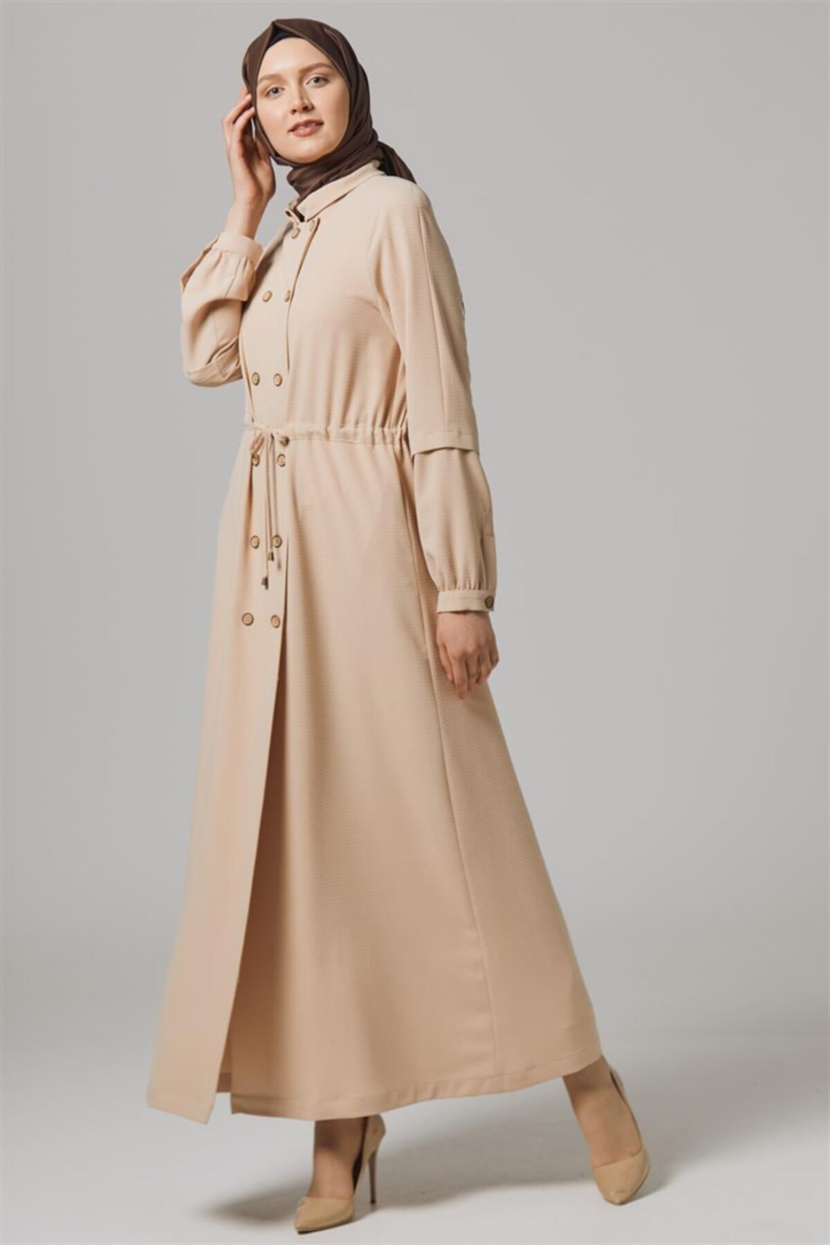 Tuğba Çift Düğmeli Bej Pardesü
