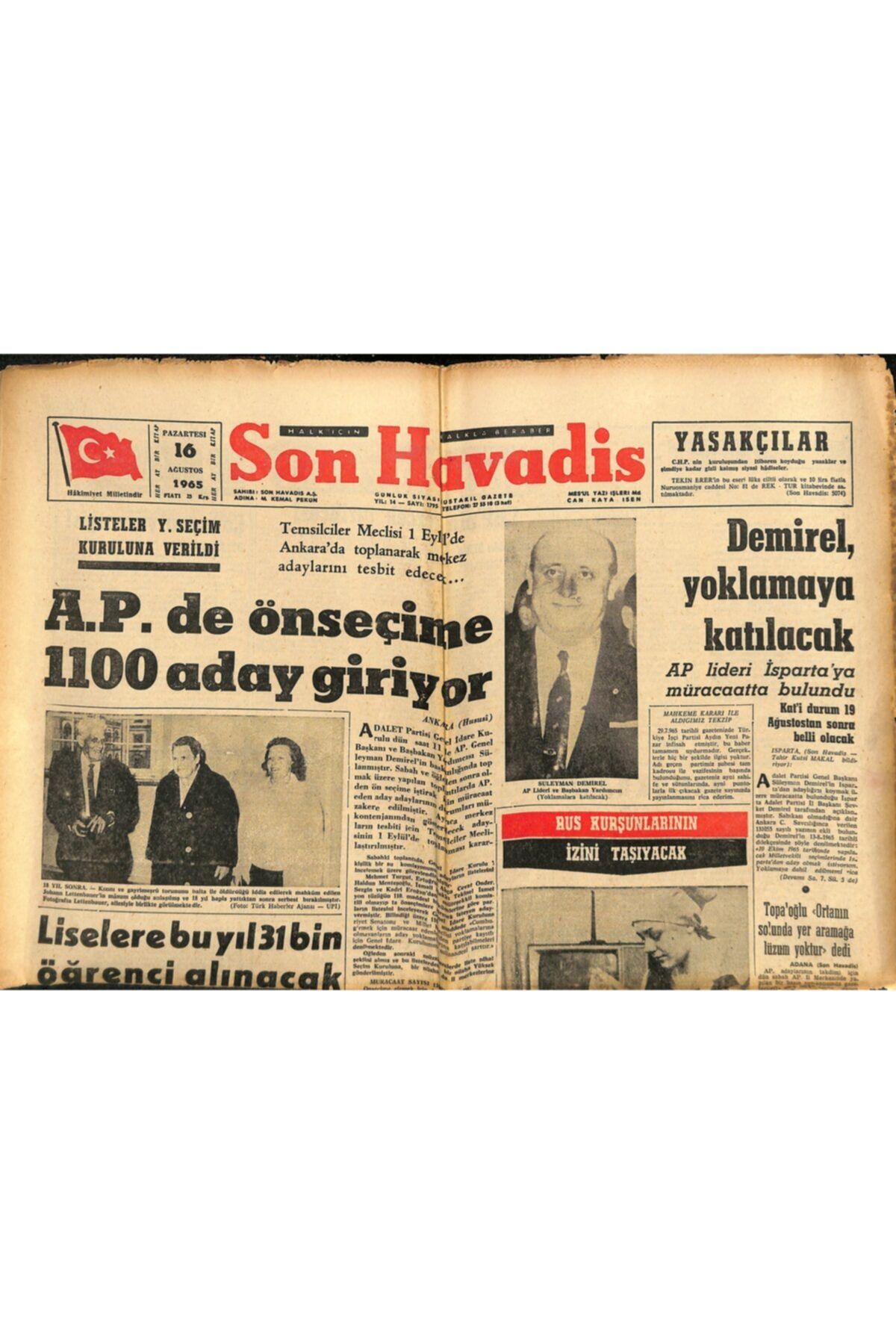 Gökçe Koleksiyon Son Havadis Gazetesi 16 Ağustos 1965 - Ap Lideri Isparta'ya Müracaatta Bulundu