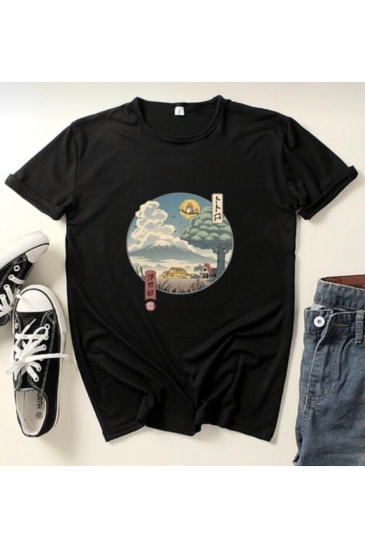 La Ban Kadın Siyah Anime Totoro Baskılı Oversize T-shırt