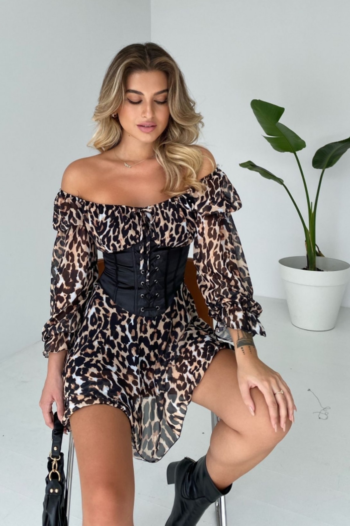 lovebox Bel Korsajlı Astarlı Şifon Kumaş Leopar Desenli Abiye Elbise Sd-022