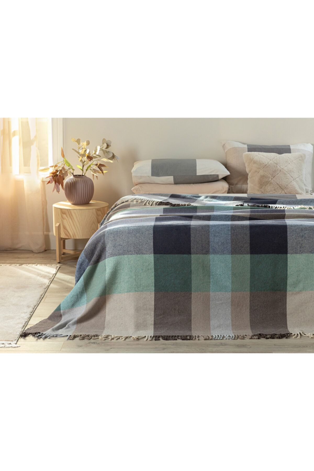 English Home Madras Check Pamuklu Tek Kişilik Battaniye 150x200 Cm Lacivert-bej
