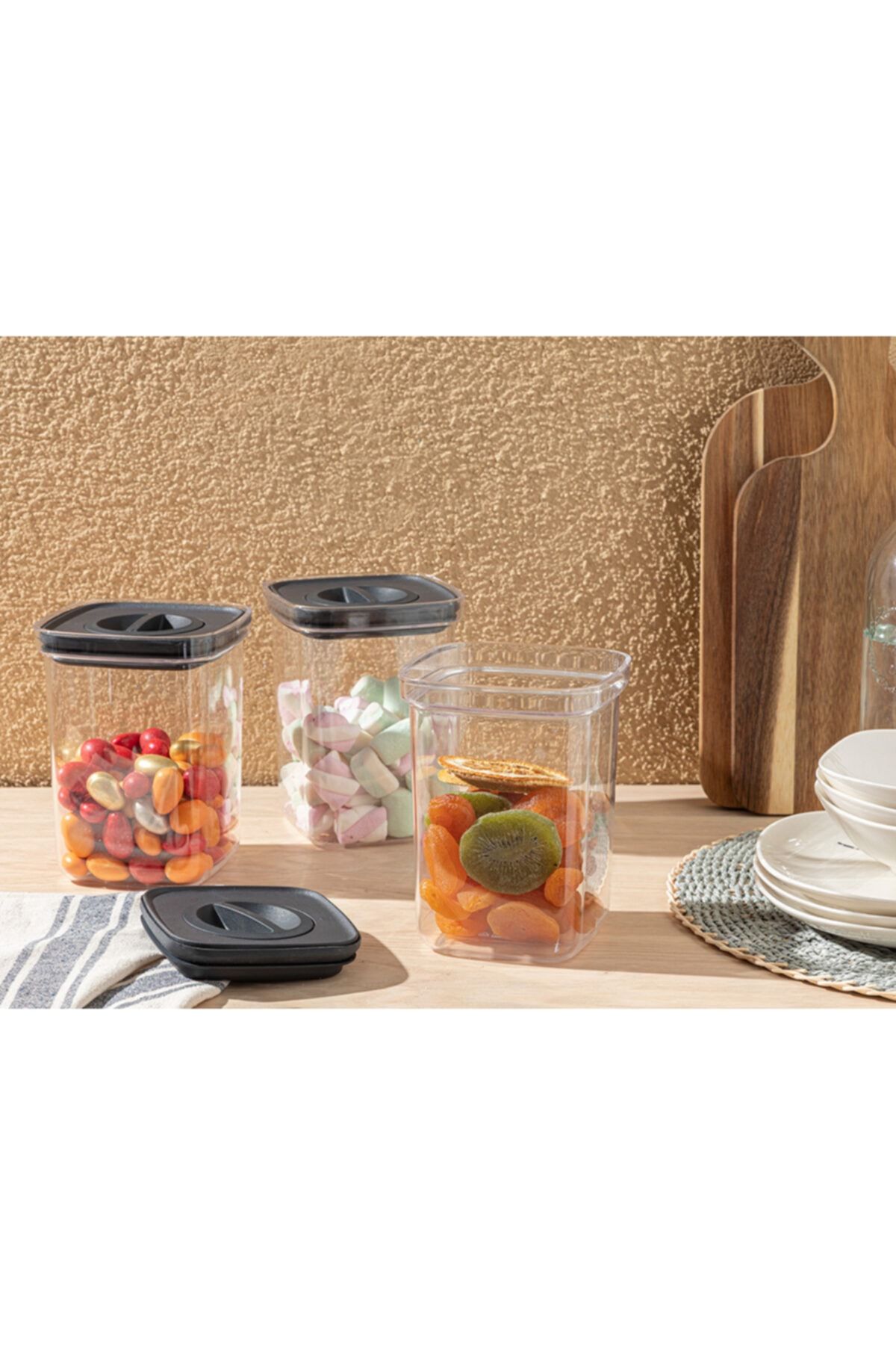 English Home Lifely Plastik 3'lü Vakumlu Erzak Kabı 1700 Ml Antrasit