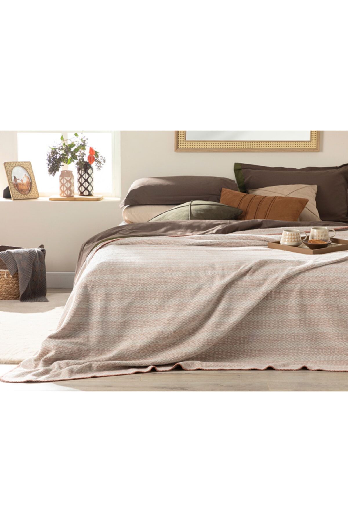 English Home Neostriped Pamuklu Çift Kişilik Battaniye 200x220 Cm Bej