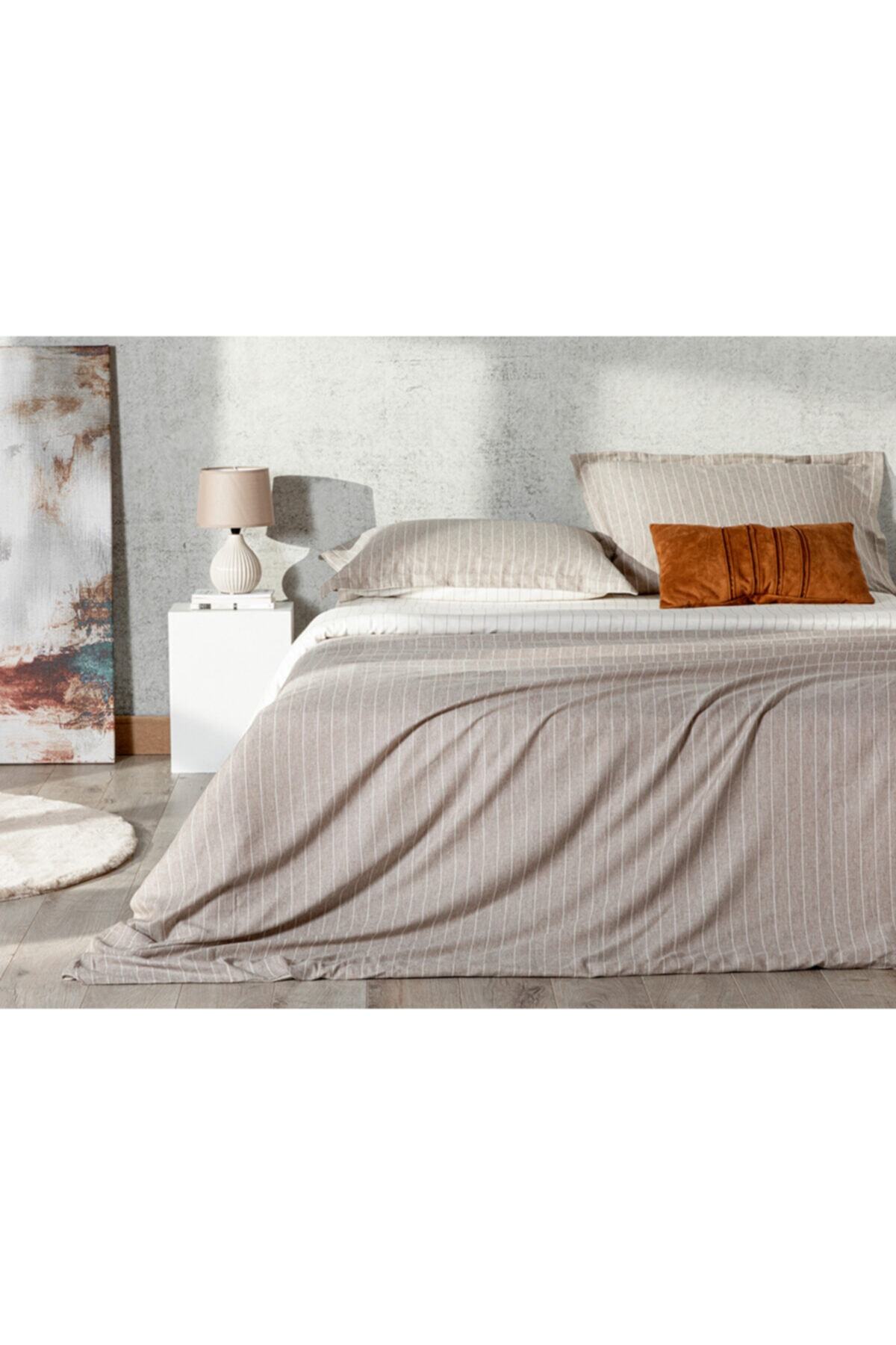 English Home Gentle Pinstripe Twill Super King Nevresim Takımı 260x220 Cm Kahverengi