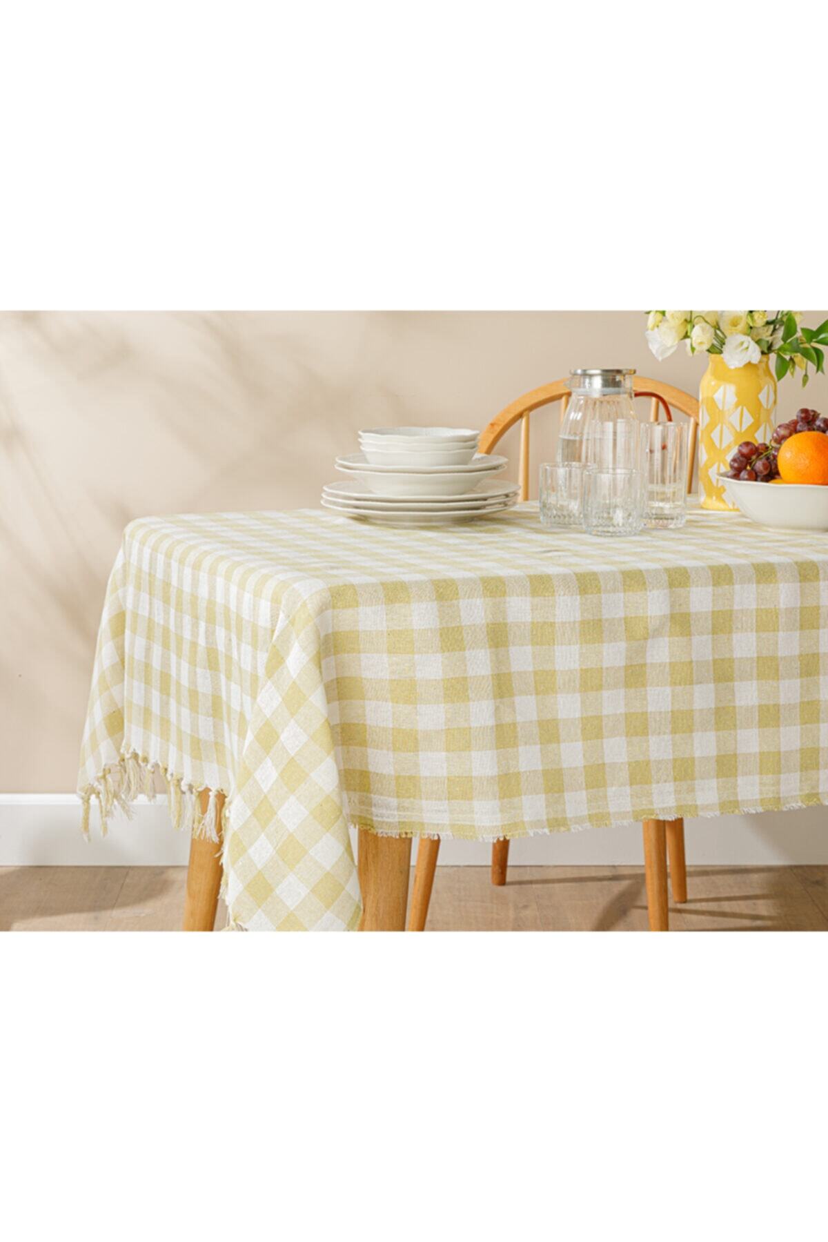 English Home Plaid Pamuk Püsküllü Masa Örtüsü 150x200 Cm Kivi Yeşili