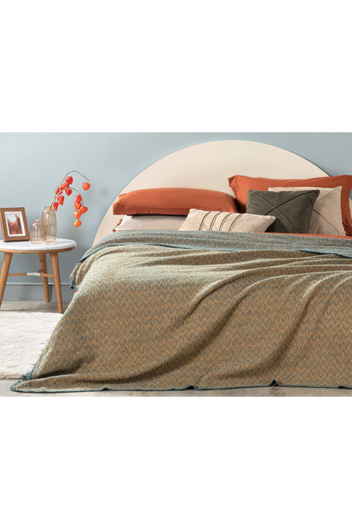 English Home Zigzag Pamuklu Tek Kişilik Battaniye 150x200 Cm Hardal - Petrol