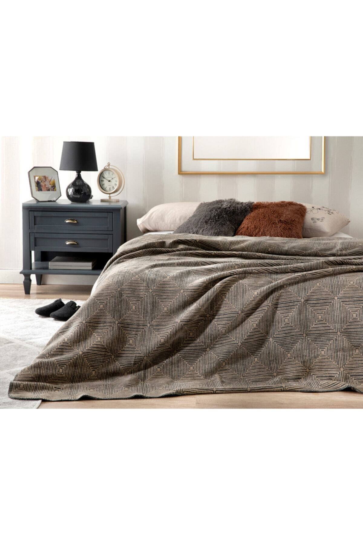 English Home Chequer Pamuklu Çift Kişilik Battaniye 200x220 Cm Antrasit - Bej