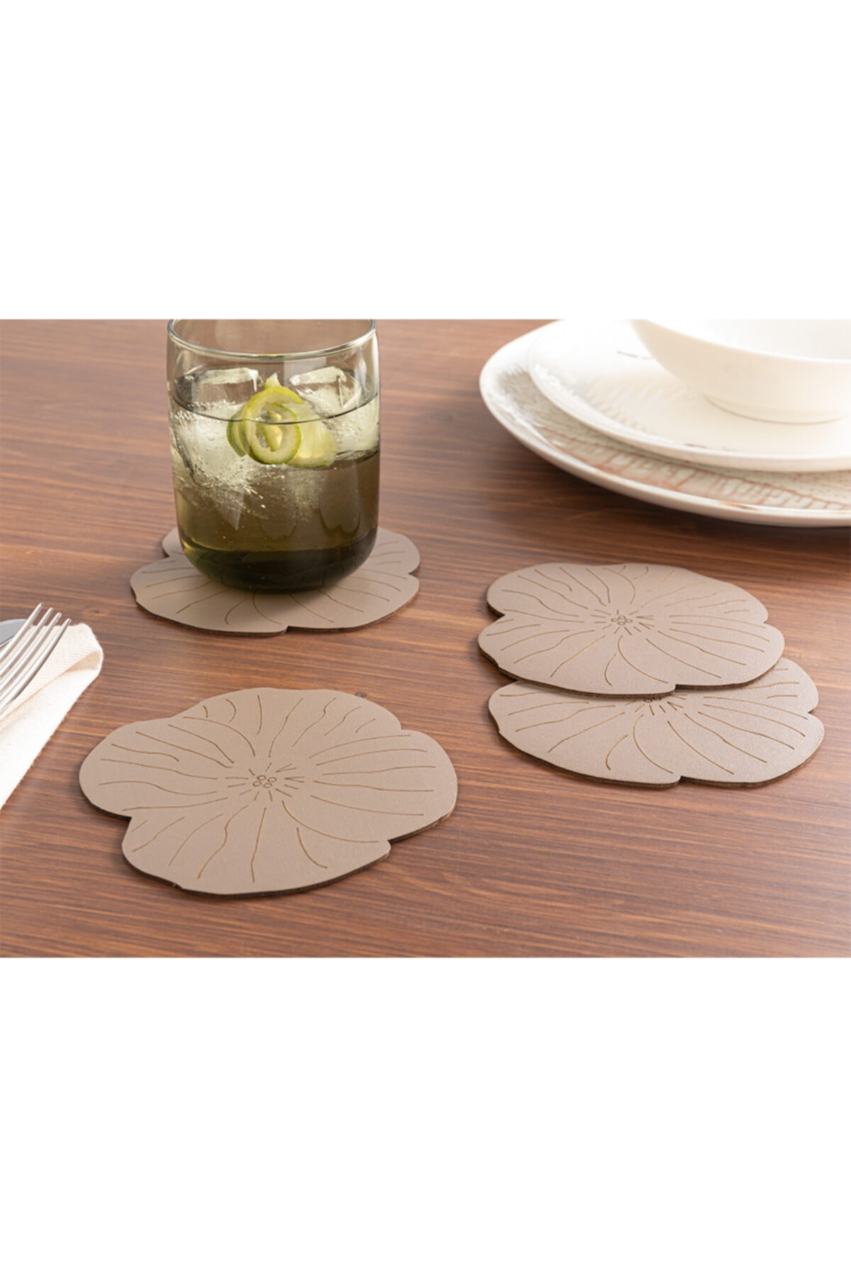 English Home Flowery Suni Deri 4'lü Bardak Altlığı 11 Cm Vizon