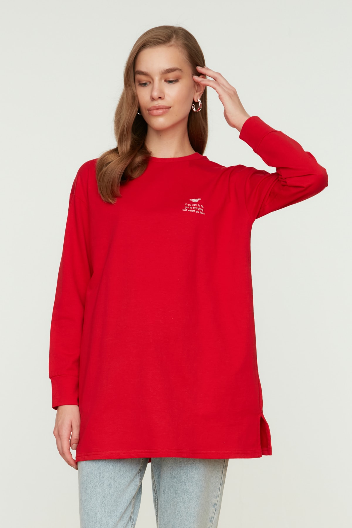 Trendyol Modest Kırmızı Baskılı Örme Tunik TCTAW22UK0048