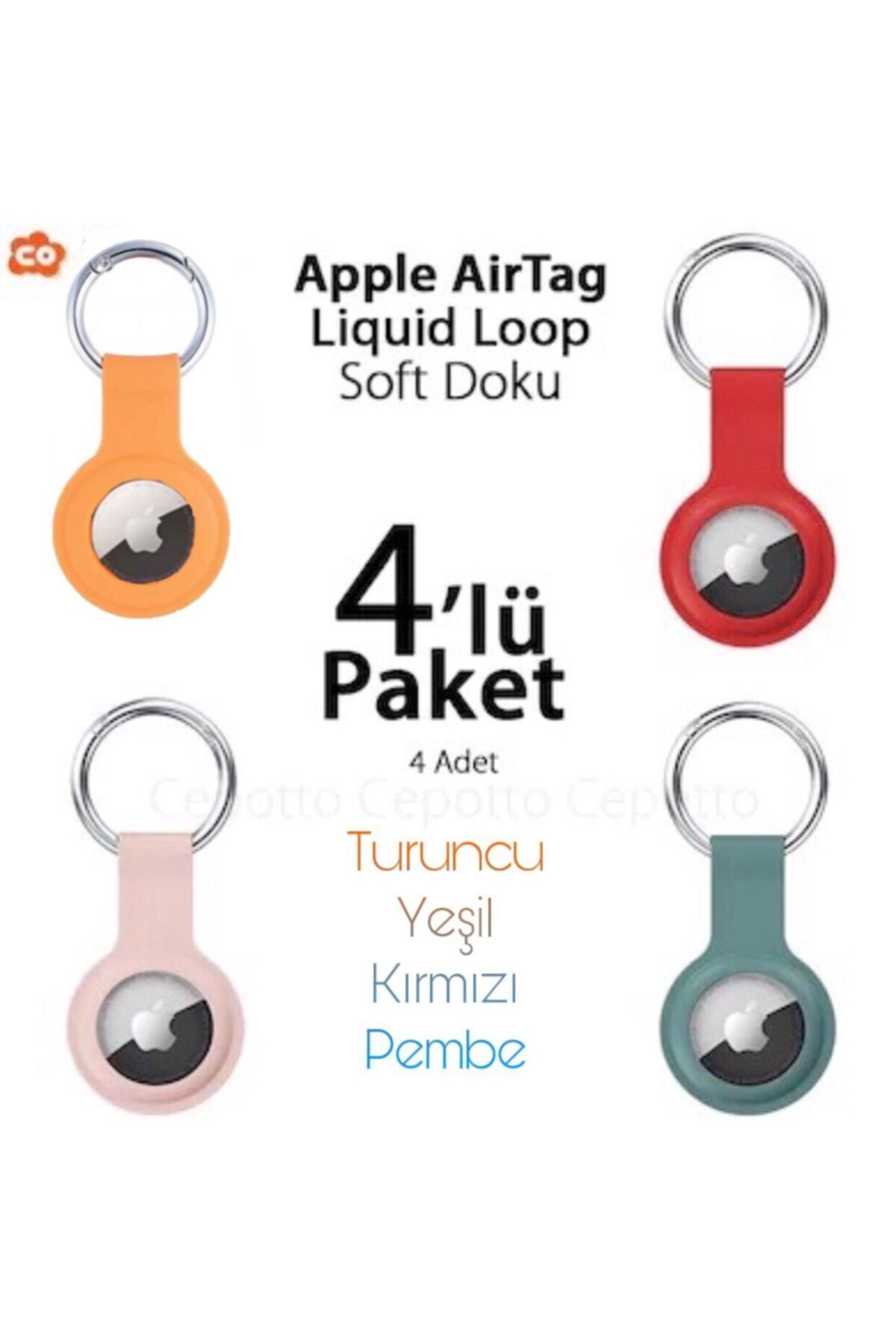 Cepotto Apple Airtag Silikon Kılıf Anahtarlık Loop 4'lü Paket 4 Adet