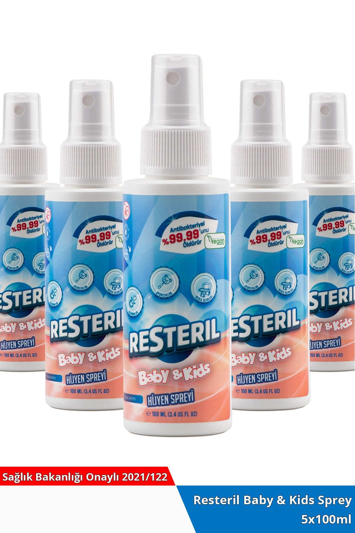 Resteril %100 Doğal Alkolsüz Bebek Dezenfektan Çocuk Alanı Yüzey Temizleyici Hijyen Spreyi Okul Seti 5x100ml