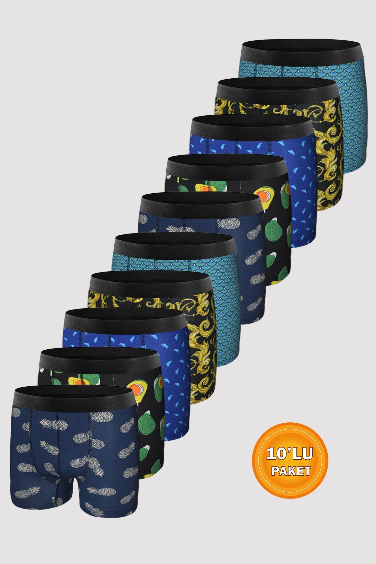 UMFANG Erkek Koyu Desenli Boxer 10'lu Pamuklu Likralı