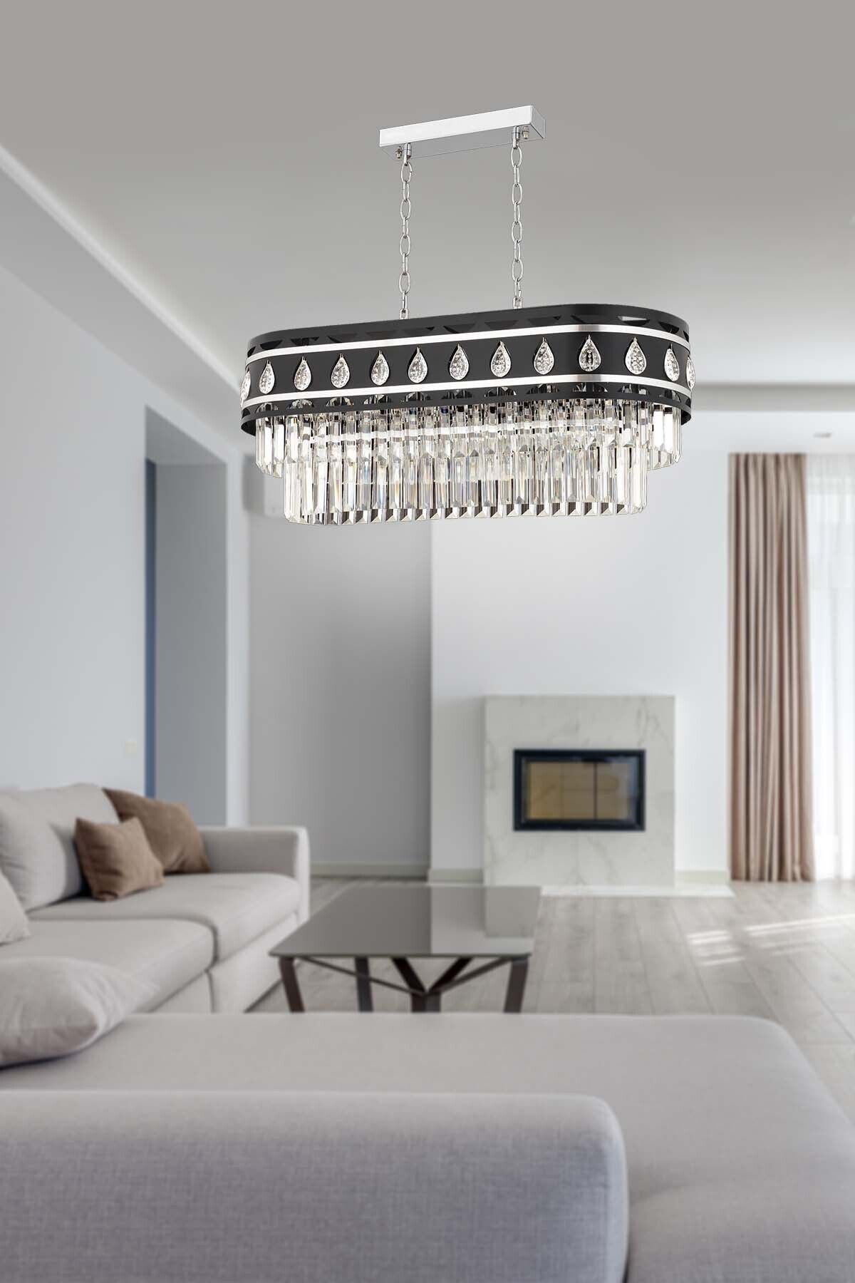 Luna Lighting Luxury Kristal Damla Avize Yemek Masası Krom Siyah