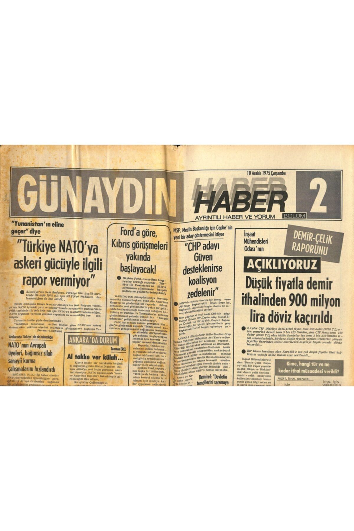 Gökçe Koleksiyon Günaydın Gazetesi Haber 2 Eki 10 Aralık 1975 - Ford'a Göre ,kıbrıs Görüşmeleri Yakında Başlayacak !