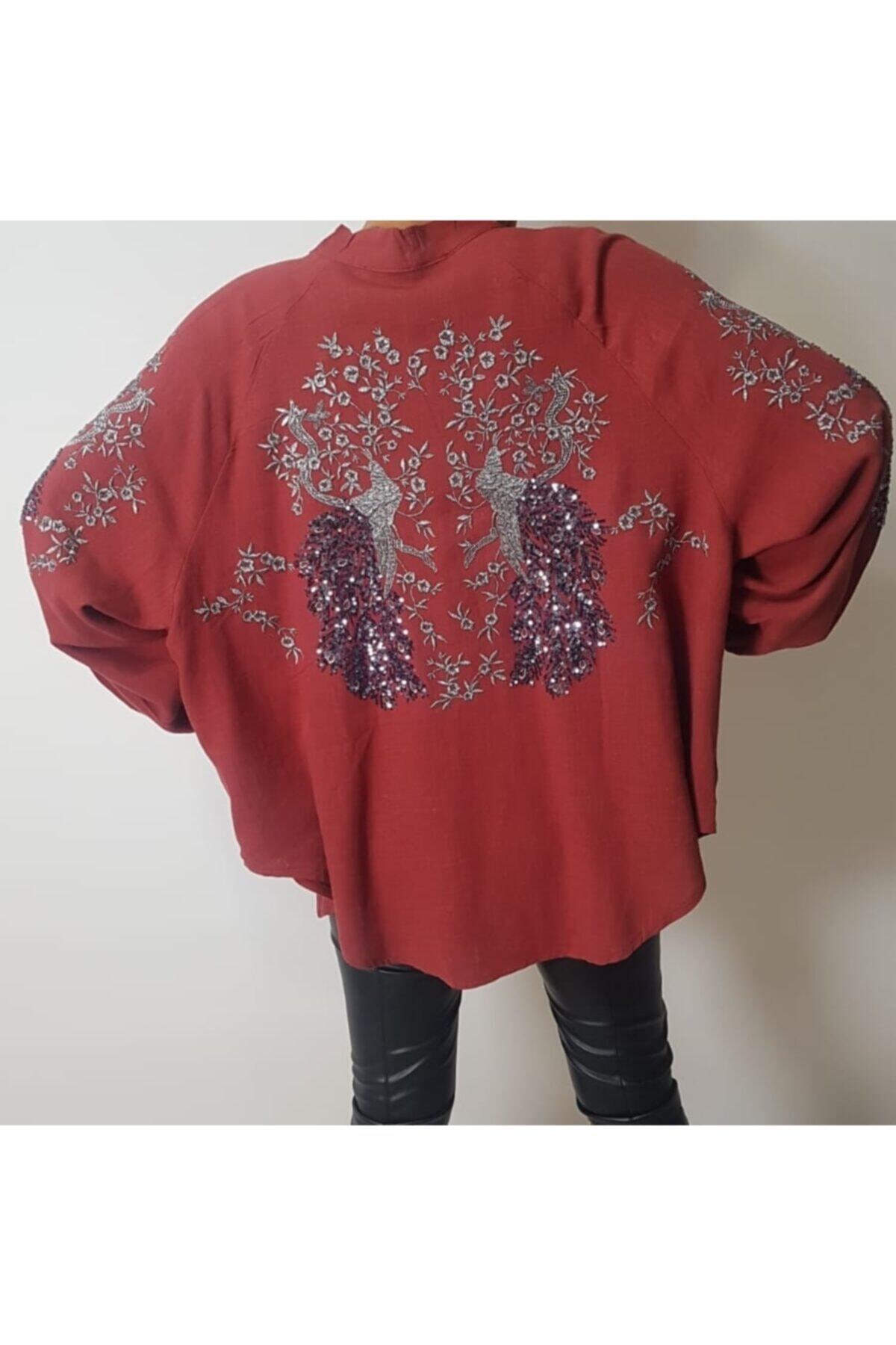 Lacivert Butik Işlemeli Oversize Kimono Ceket