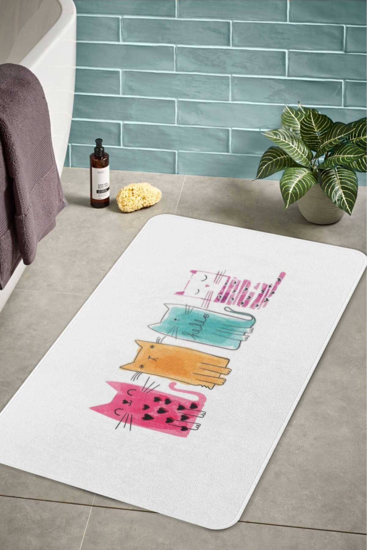 Monnhein Cute Renkli Kediler Banyo Paspası Kaymaz Tabanlı Klozet Paspası 100x60cm