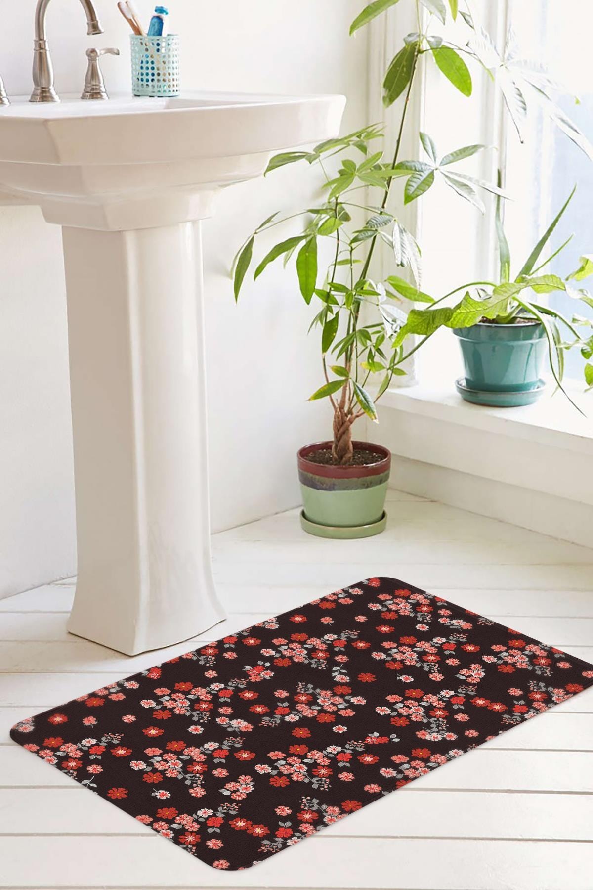 Monnhein Renkli Çiçekler Banyo Paspası Kaymaz Tabanlı Klozet Paspası 100x60cm