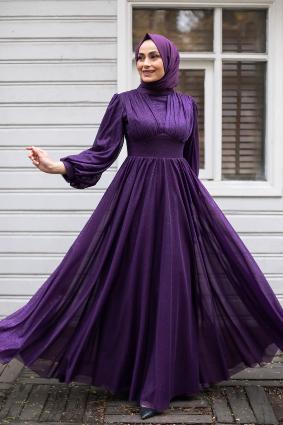 Feiza Collection Işıltılı Tesettür Abiye Elbise - Mor