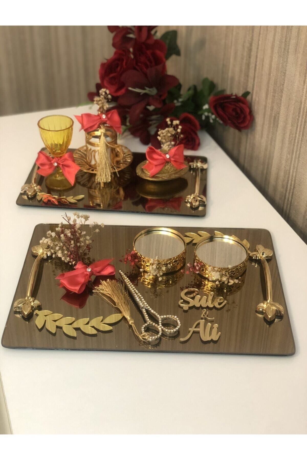 Neşeli Tasarımlar Nişan Tepsisi Ve Damat Fincan Takımı Aynalı Gold