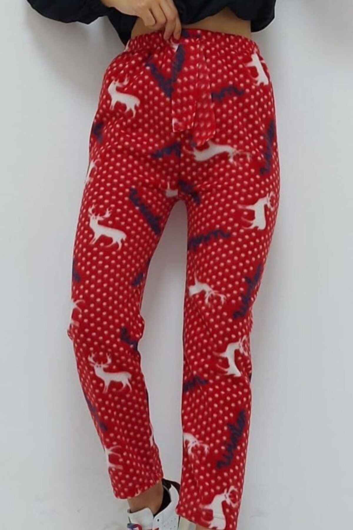 colezium Geyik Desenli Kadın Pijama Altı Kırmızı