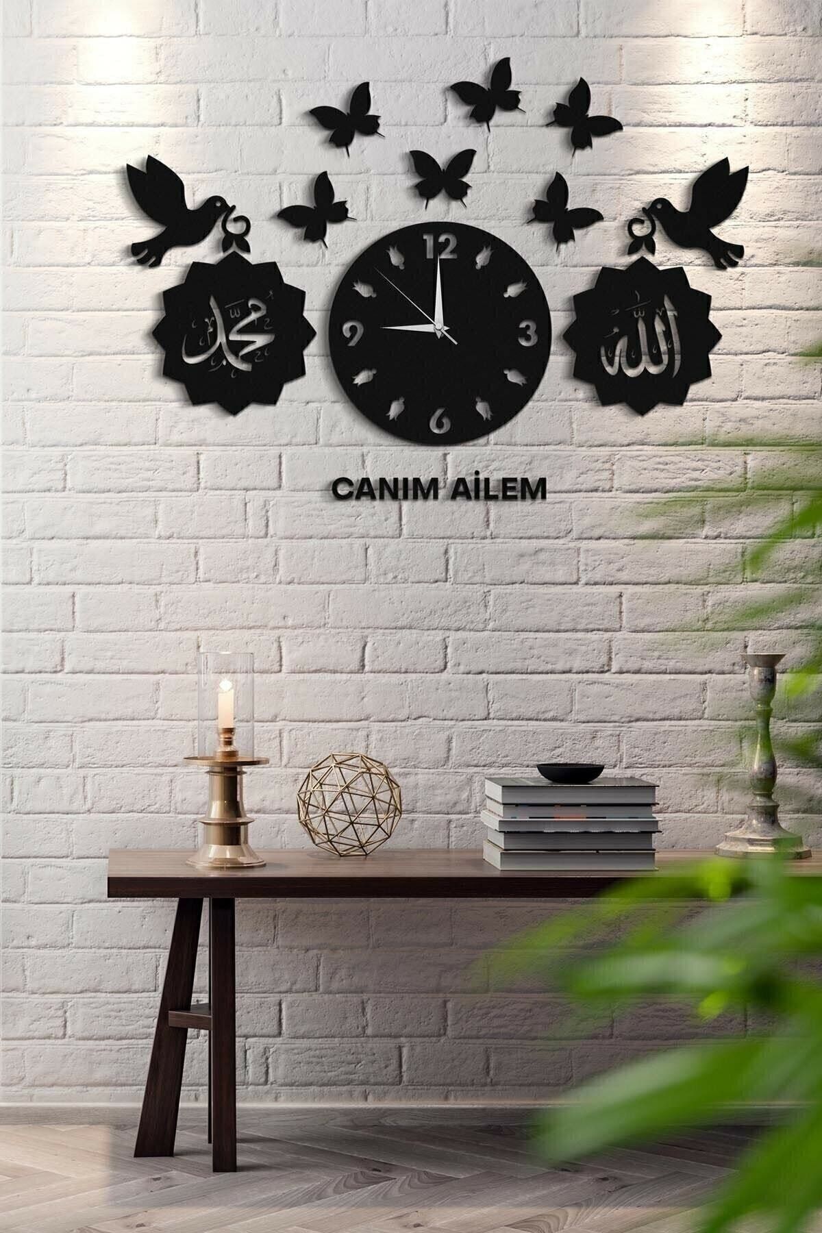 Otantik Kuş Kelebek Saat Canım Ailem Allah Muhammed Dekoratif Lazer Kesim Ahşap Duvar Saati