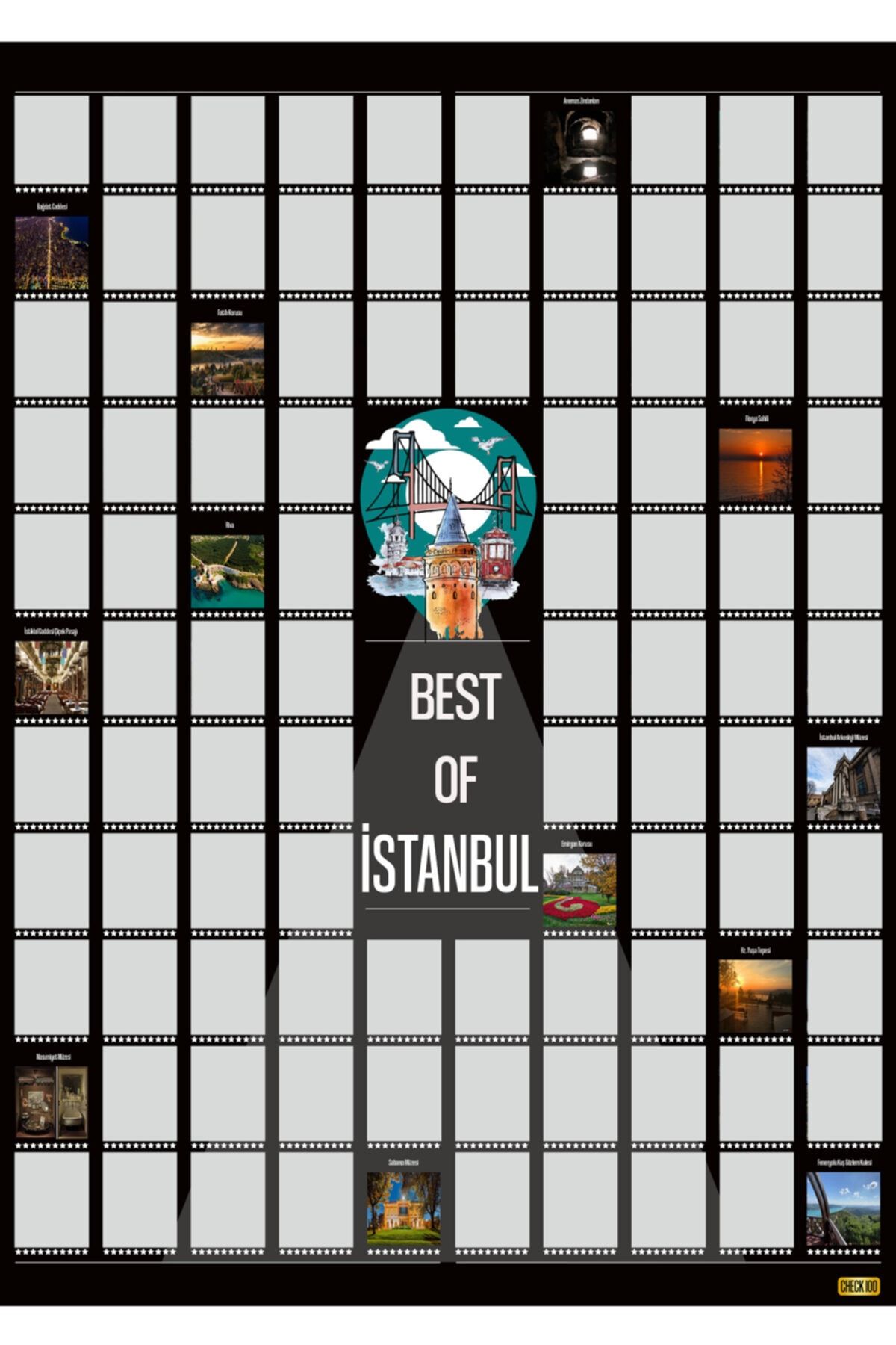 Check100 Best of İstanbul Kazı kazan Posteri, Kazınabilir İstanbulda Gezilecek 100 Yer