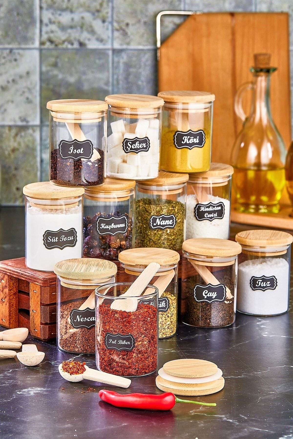 FBZhome Bambu Kapaklı Vakumlu Borosilikat Cam 12 Adet Kavanoz Ve 12 Adet Bambu Kaşık 24 Parça 200 Ml
