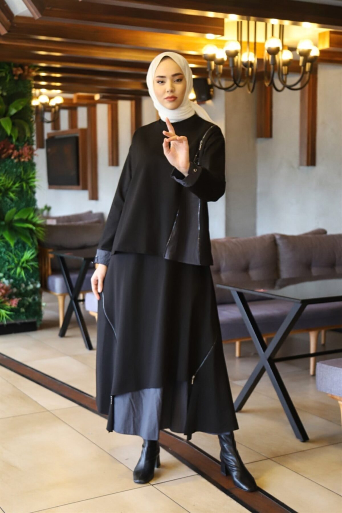 Ceremony 2924 Fermuar Ve Paraşüt Detaylı Etek Bluz Siyah