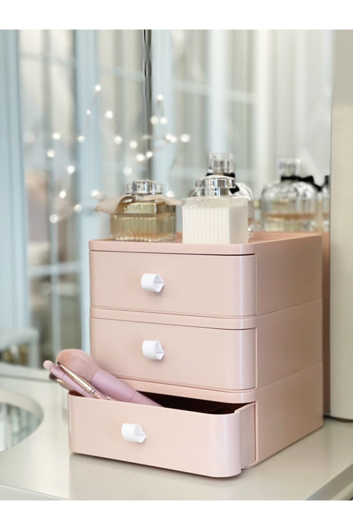 DNZTREND 3'lü Takı Makyaj ve Kozmetik Düzenleyici Çekmece Çok Amaçlı Masaüstü Organizer Pembe