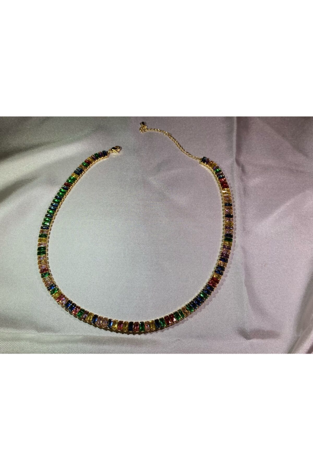 Arus Kadın Gold Çok Renkli Zirkon Taşlı Baget Su Yolu Choker Kolye