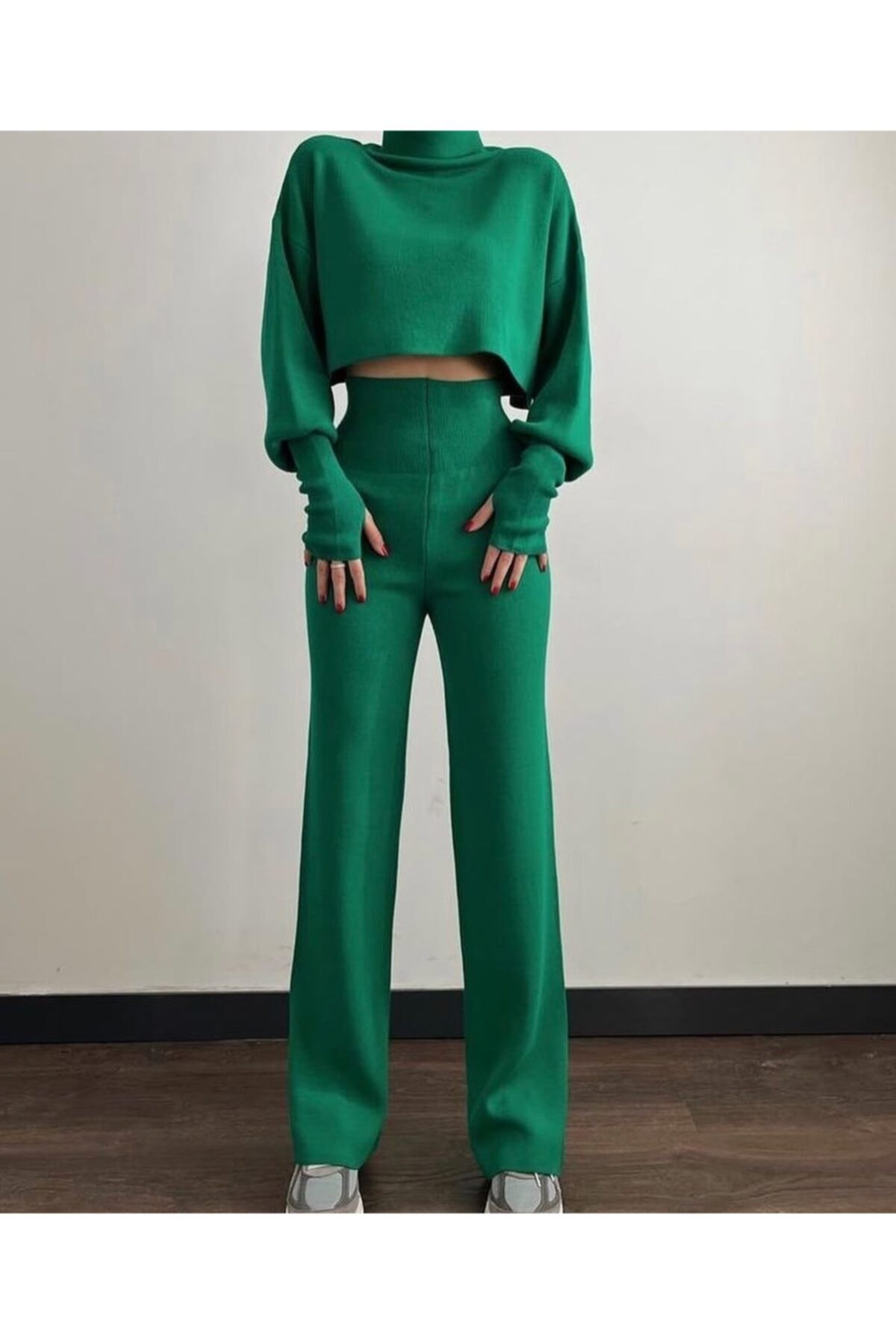 hillswomanstore Kadın Yeşil Yüksek Bel Parmak Detay Triko Alt-üst Takım