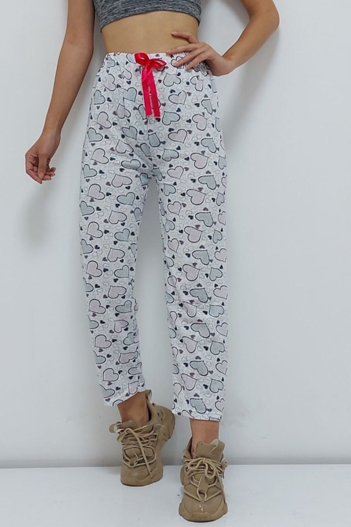 UCDKSHOP Kalp Desenli Içi Pamuklu Pijama Altı Gri