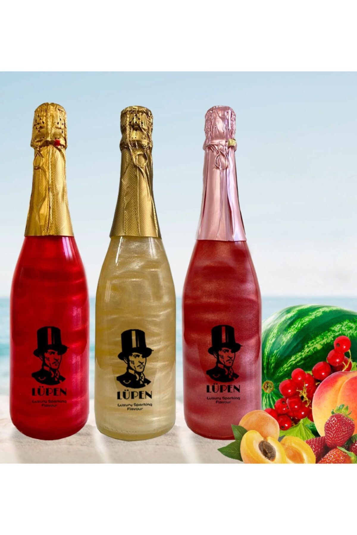 Lüpen Simli Lux Sx On The Beach Frenk Üzümü Şeftali Kayısı Aromalı 750 Ml Alkolsüz Gazlı İçecek 3 Adet