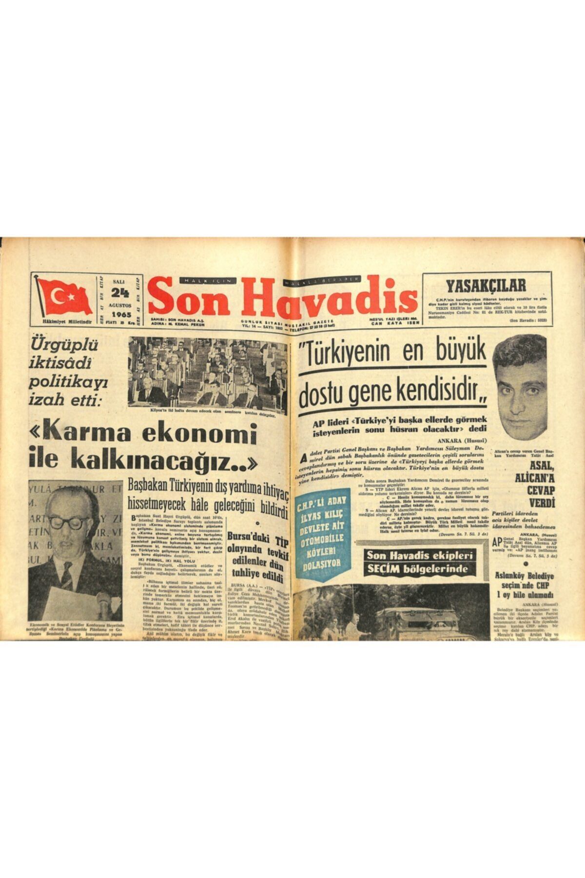 Gökçe Koleksiyon Son Havadis Gazetesi 24 Ağustos 1965 - Seferihisar'da Chp'li Gençler Istifa Ettiler