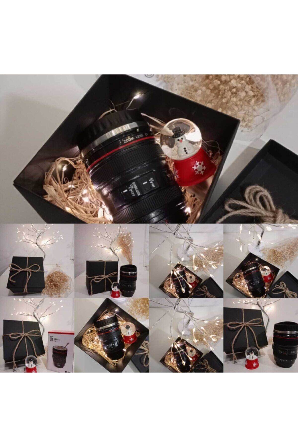 rucica gifts Dekoratif Siyah Kutuda Objektif Termos Bardak Kardan Adam Kar Küresi Led Işıklı Yılbaşı Hediye Seti