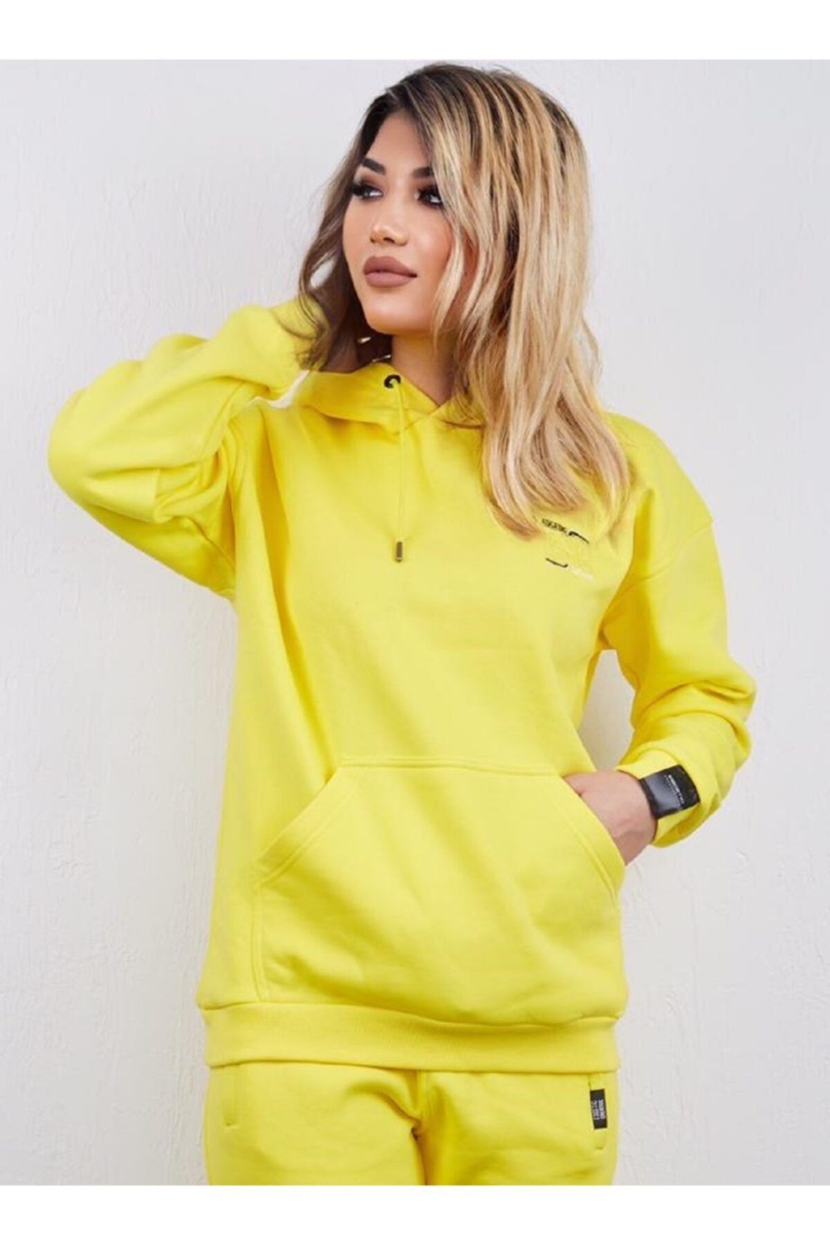 Escetic Unisex Kadın Erkek Sarı 3 Iplik Kışlık Sweat
