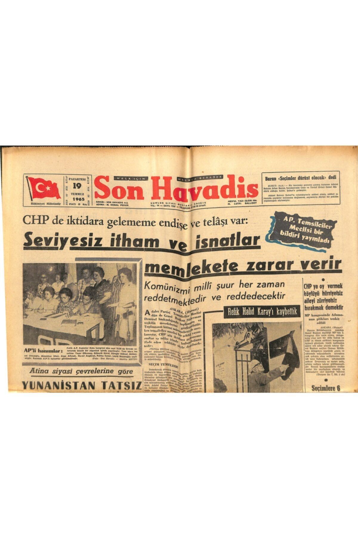 Gökçe Koleksiyon Son Havadis Gazetesi 19 Temmuz 1965 - Tip'liler Komünizm Propagandası Yaptılar