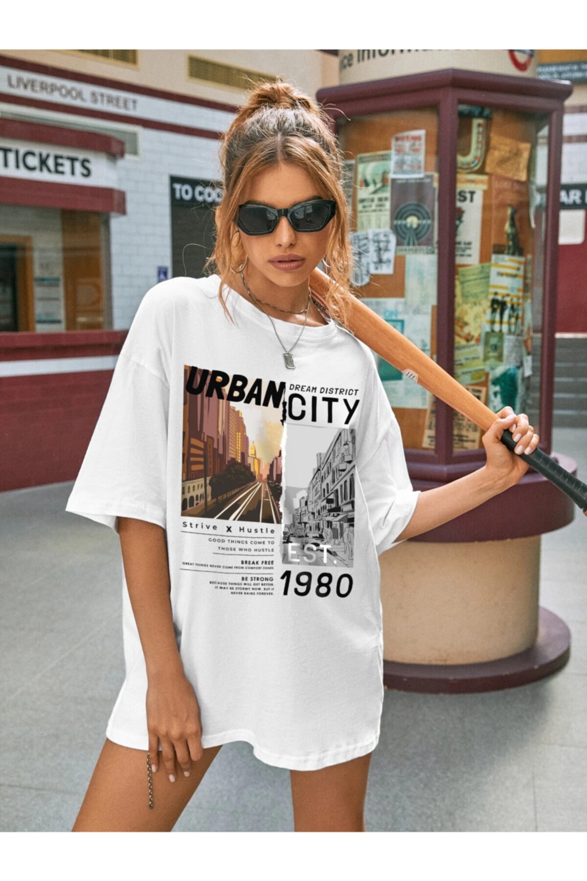 VELLOCE Beyaz Urban Cıty Baskılı Oversize T-shirt