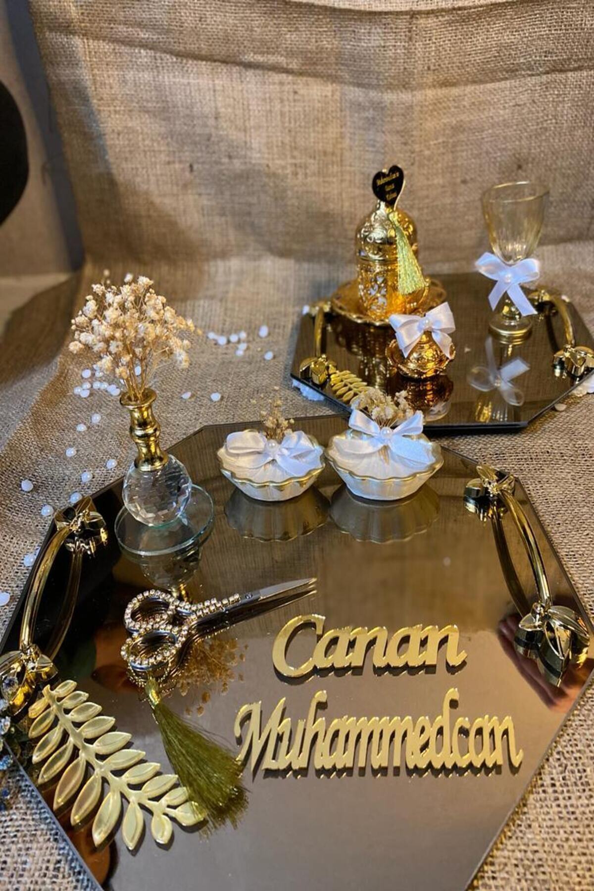 MİRAMODA Nişan Tepsisi Ve Damat Fincan Takımı Aynalı Gold