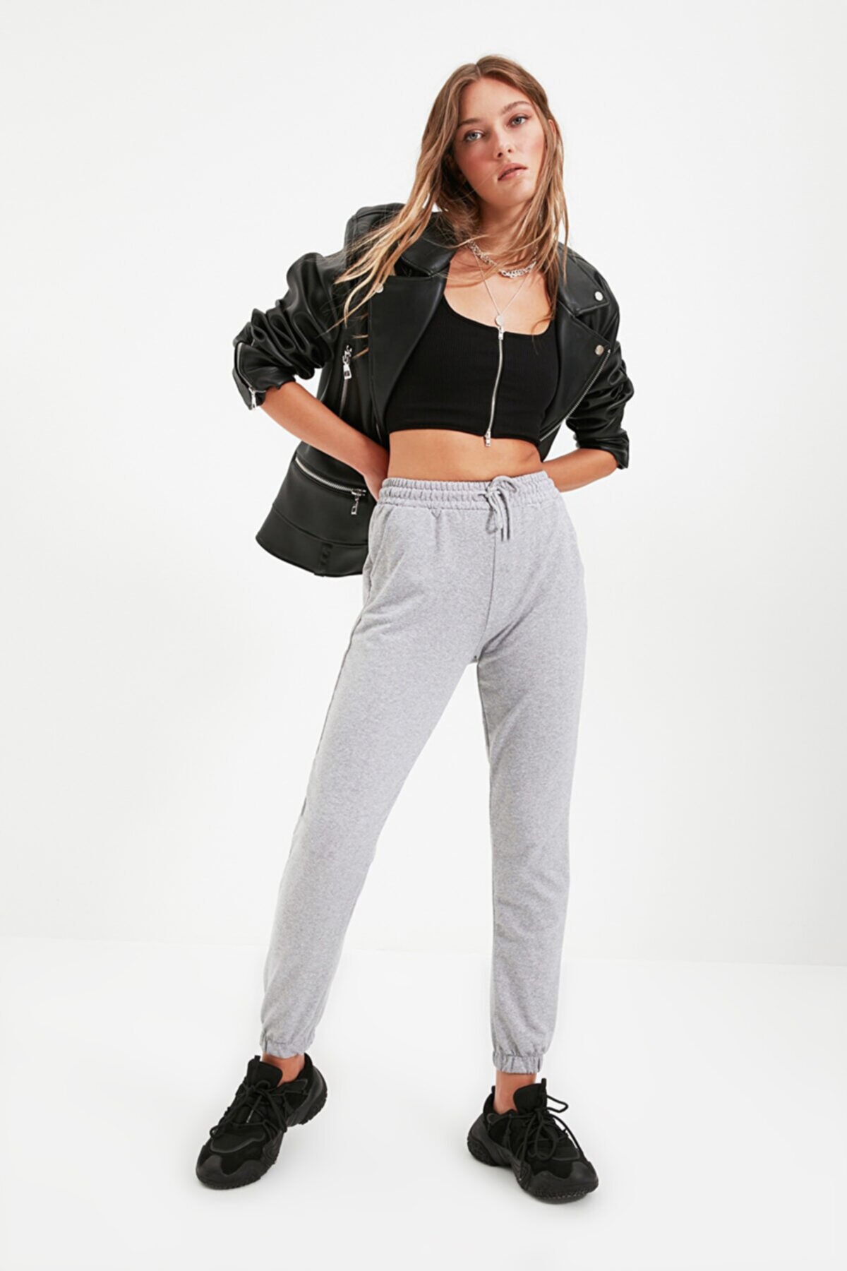 TrendNera Gri Jogger Iki Iplik Beli Lastikli Eşofman Altı
