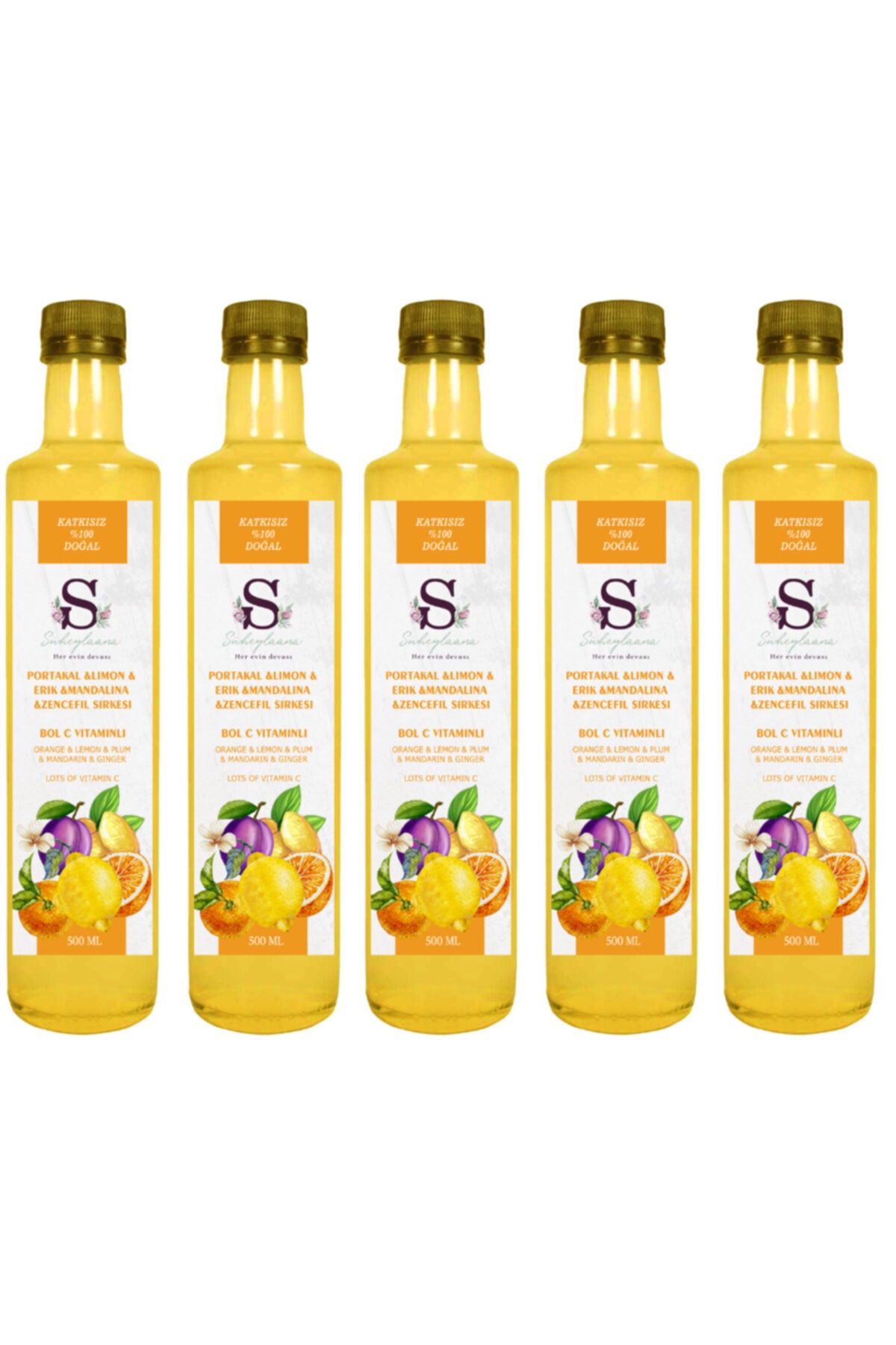 Süheylaana Bol C Vitamini Sirkesi, Portakal & Limon & Erik & Mandalina & Zencefil Sirkesi 5 Adet 500 Ml