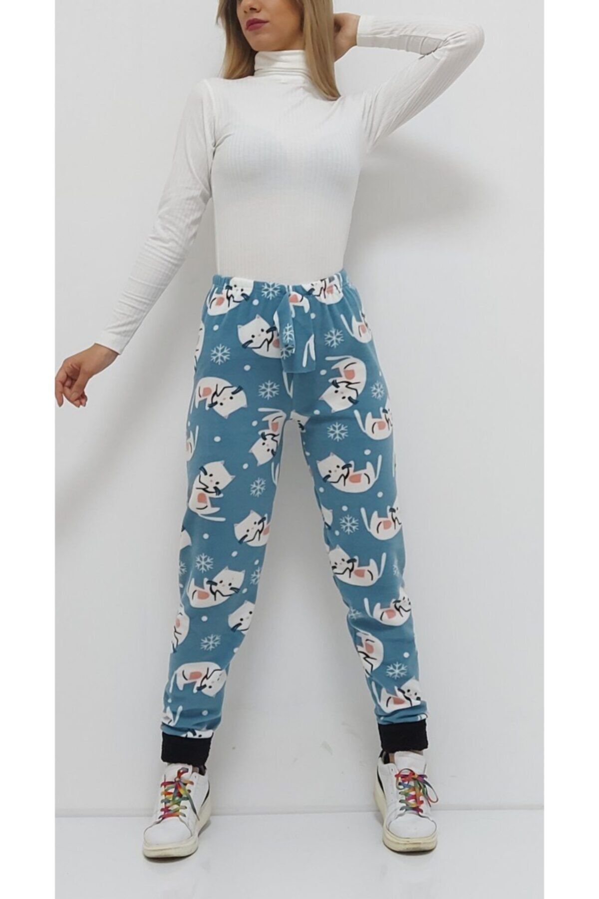 YAPRAKOUTLET Kedi Desenli Paçası Polar Pijama Altı Mavi