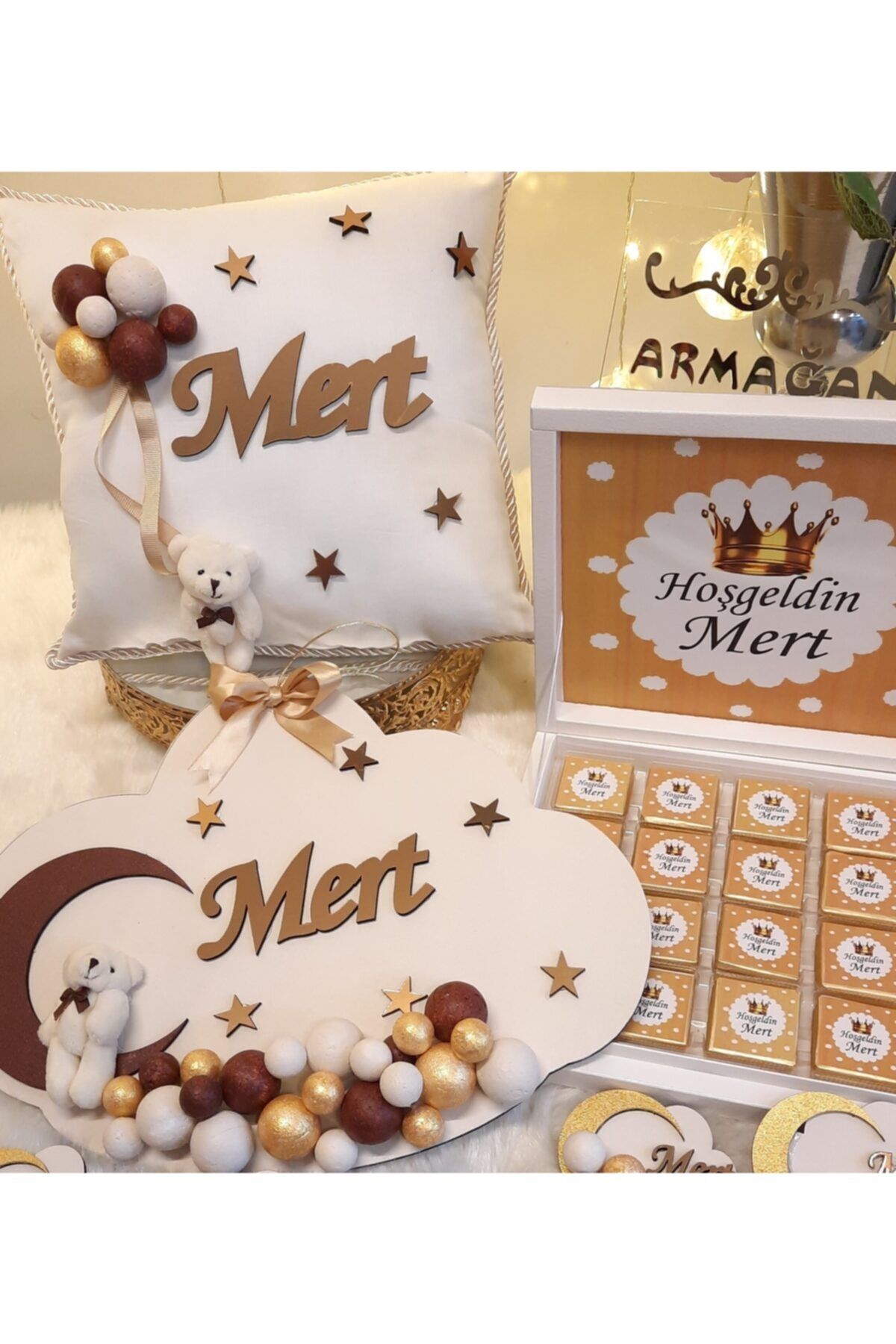 ARMAGAN BEBEK NİKAH ŞEKERİ Ekru Bebek 3lü Set Kapı Süsü Yastık Sepet