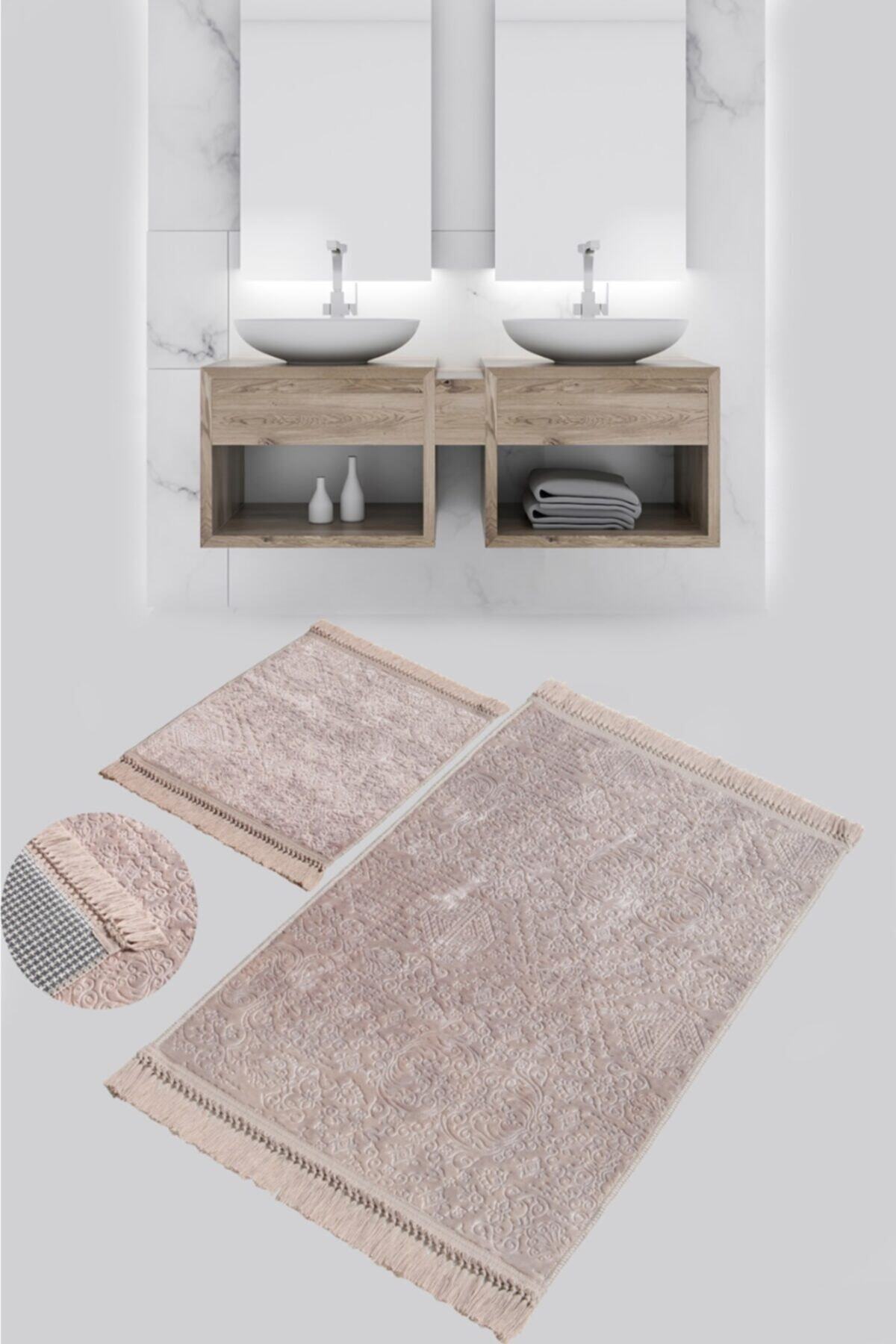GELONYA Banyo Halısı Paspas Pamuk Kaymaz Taban Kare Saçaklı 2 Li Klozet Takımı (Kahverengi, 60 x 100 cm)