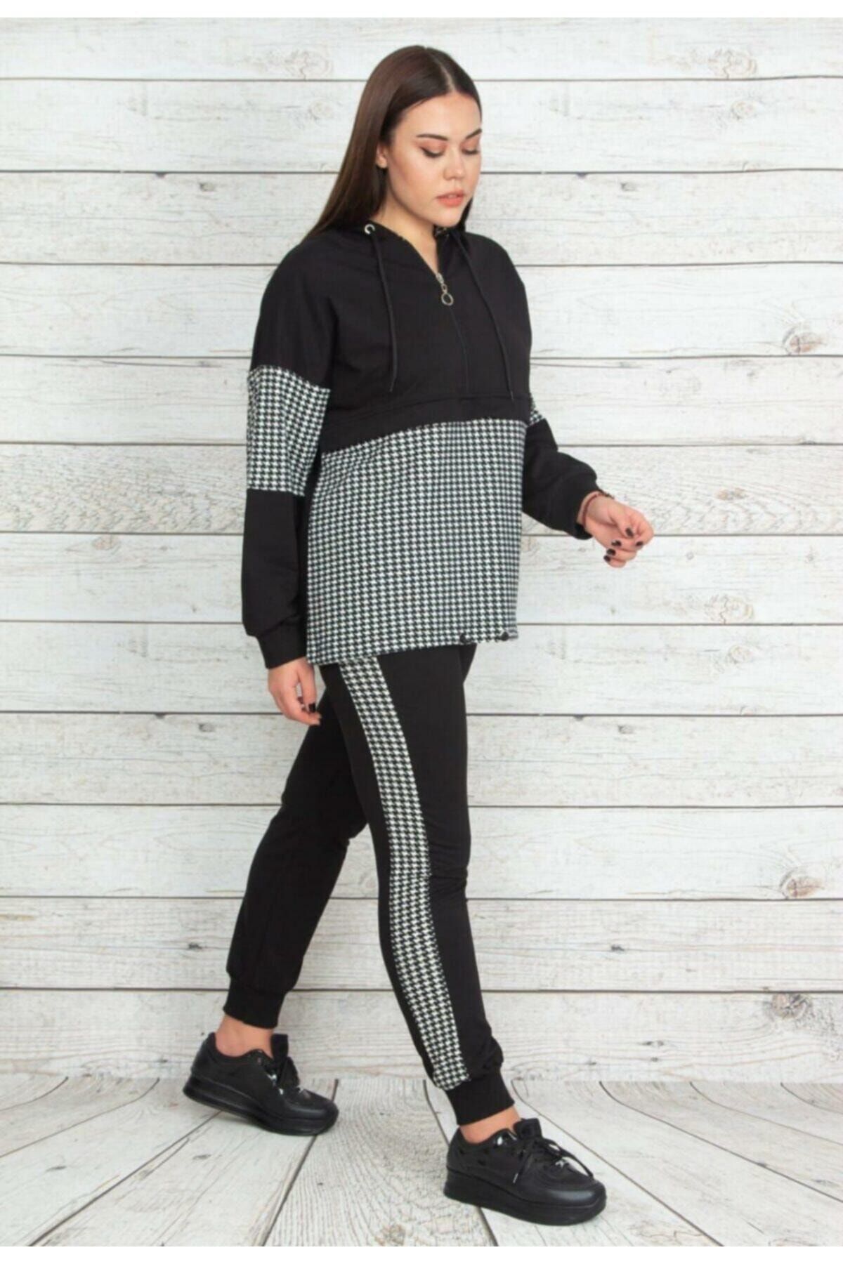 MODA 22 Siyah Beyaz Kaz Ayağı Desenli Eşofman Takımı