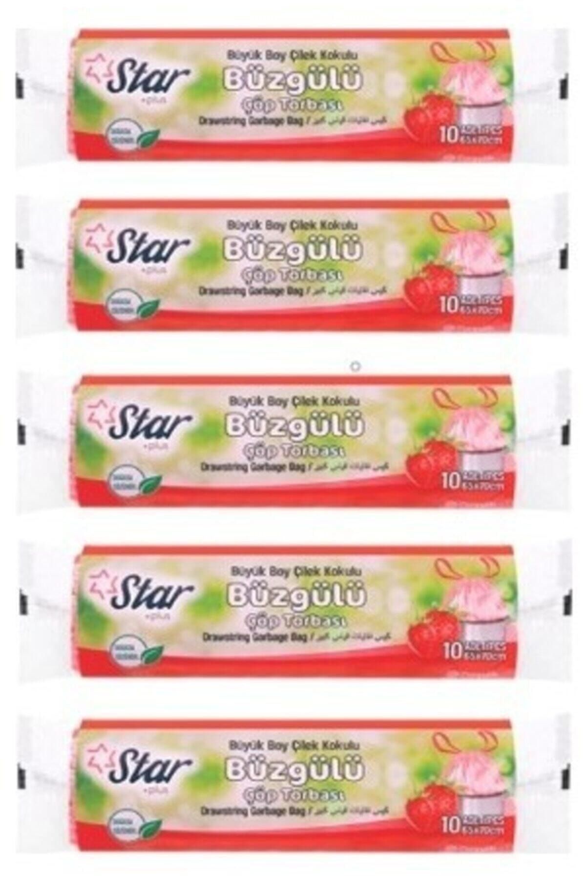 Star Plus Star Büzgülü Çöp Torbası / Poşeti - Büyük Boy 65x70 - Çilek Kokulu - 5 Rulo = 50' Li
