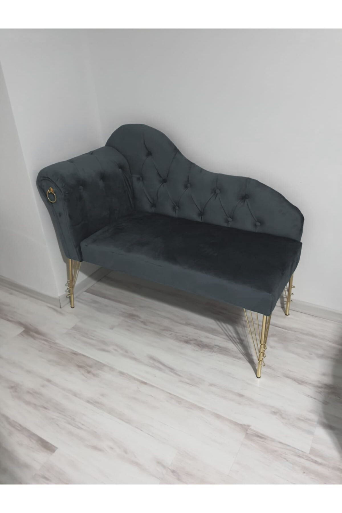 Sepetten Evine 130 Cm , Antrasit Gri Renk Yeni Nesil Köşe Koltuğu Josefin Bench Puf Metal Gold Ayak