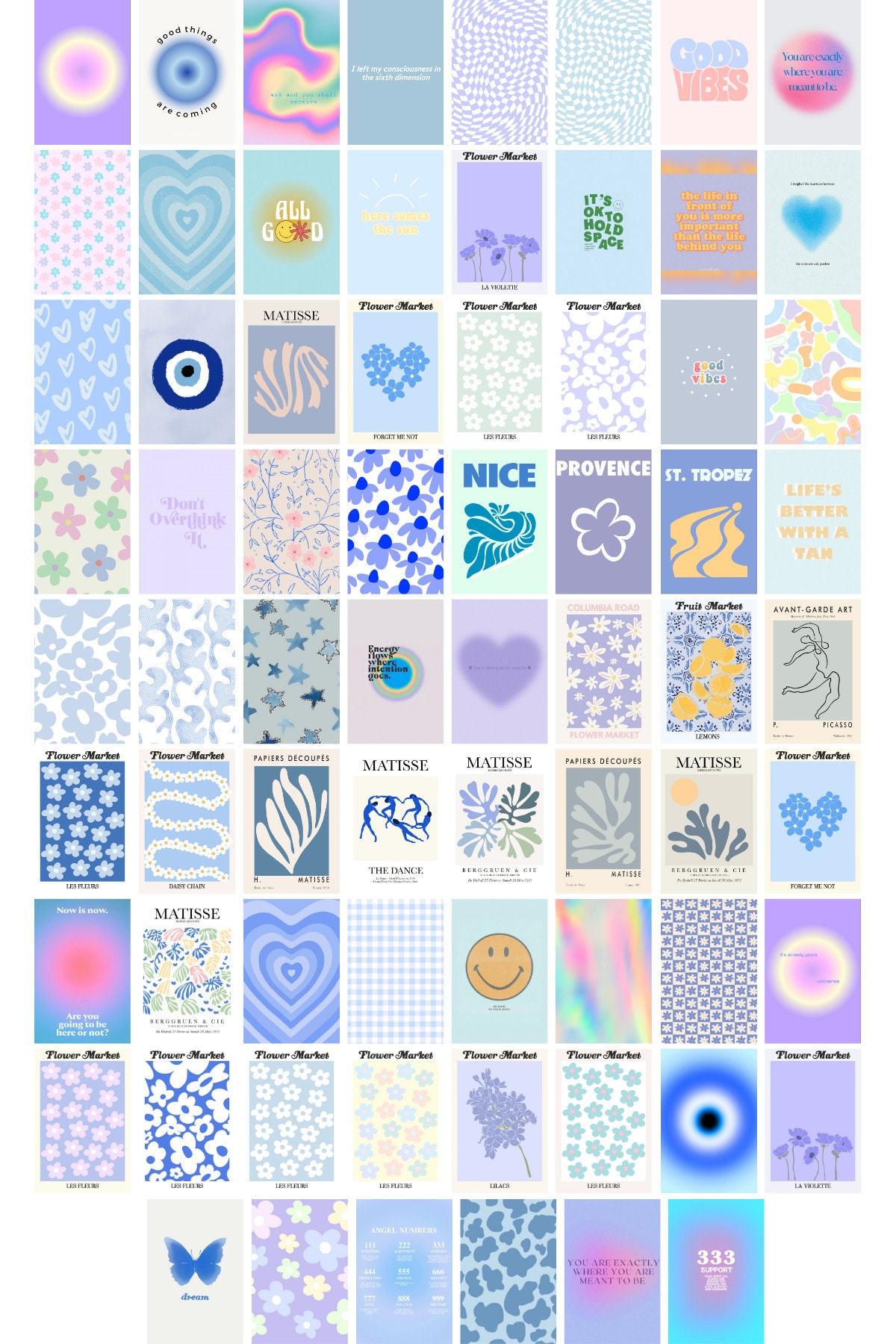 Postifull Danish Pastel Poster Seti - Mavi Poster Seti - 70 Adet Poster Kolaj Seti - 10*15cm - 1m*1m Toplam
